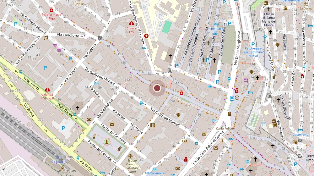 Mappa del centro di Cagliari con il segnaposto su Corso Vittorio Emanuele II 88, fra piazza Yenne e la Marina.